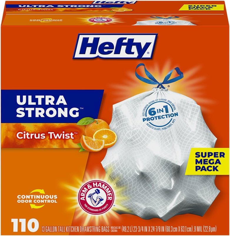 110 Count Hefty Ultra Strong Tall Kitchen Trash Bags, Citrus Twist Scent, 13 Gallon - $13.17 (43% off) at Amazon.com